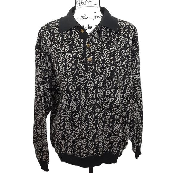 Vintage 80s Collared Polo Sweater Button Up Black Paisley Oversized Retro Funk - Picture 1 of 9